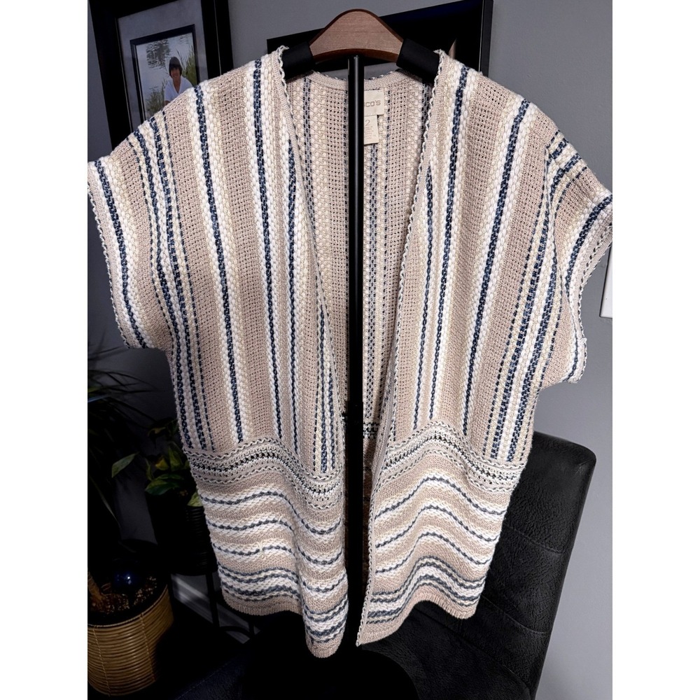 Chico's Open Front Knit Vest Neutral Stripe Short Sleeve Cotton Blend Size 2 - Picture 1 of 7